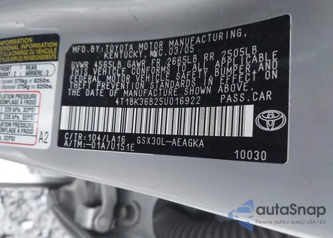 2005 Toyota Avalon Xls z USA, uszkodzony, nr VIN 4T1BK36B25U016922